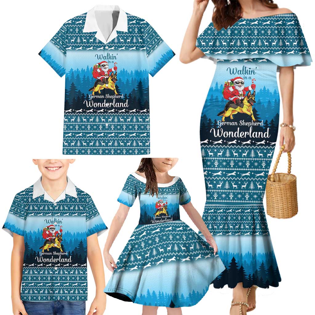 German Shepherd Christmas Family Matching Mermaid Dress and Hawaiian Shirt with Walking in a Wonderland Quote and Santa Forest - Wonder Print Shop