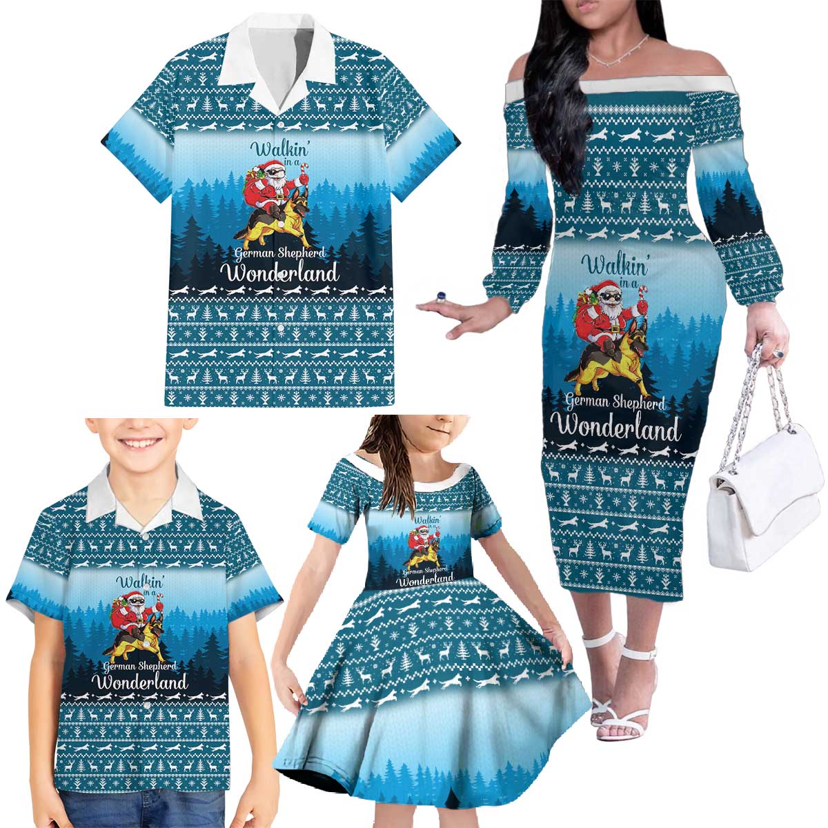 German Shepherd Christmas Family Matching Off The Shoulder Long Sleeve Dress and Hawaiian Shirt with Walking in a Wonderland Quote and Santa Forest - Wonder Print Shop