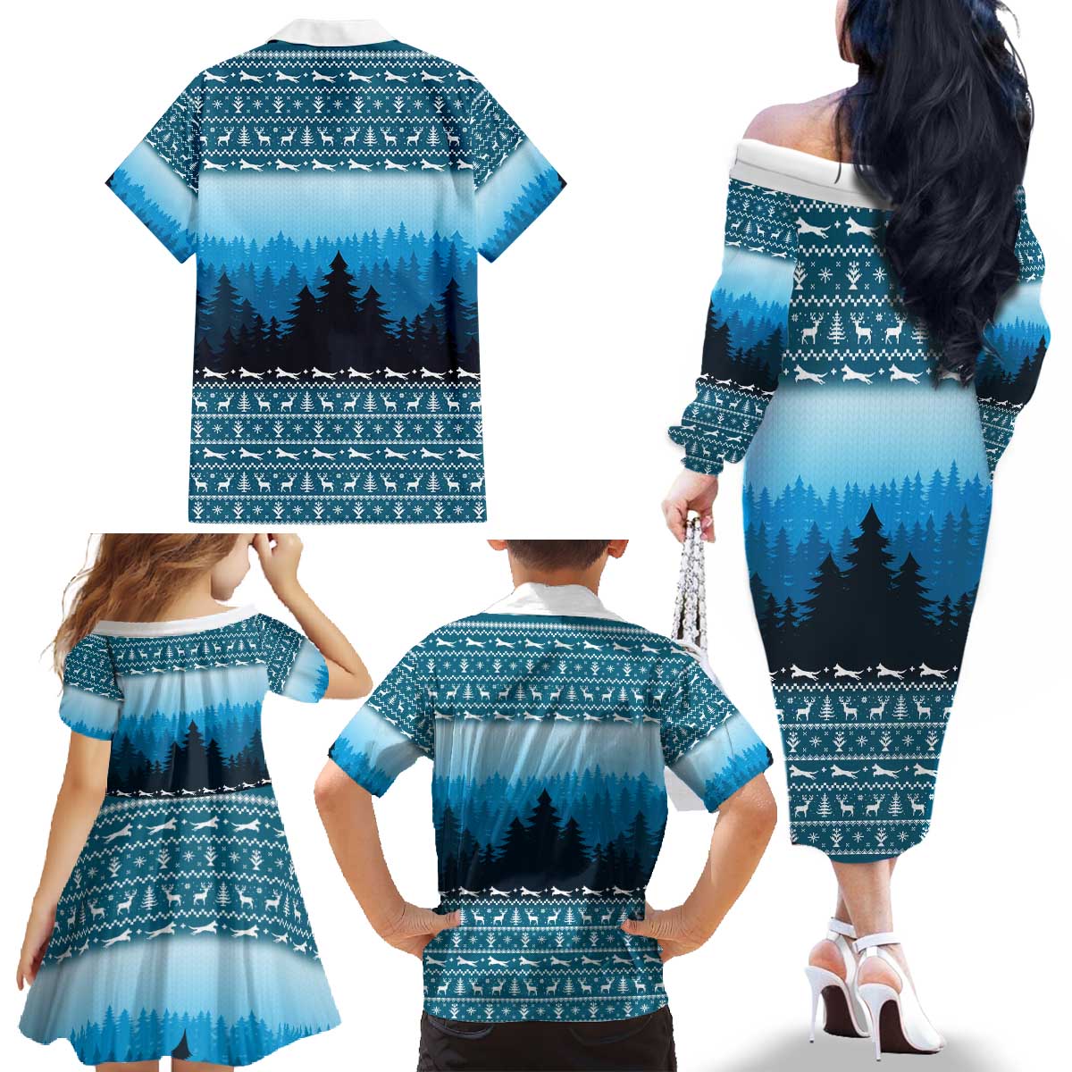 German Shepherd Christmas Family Matching Off The Shoulder Long Sleeve Dress and Hawaiian Shirt with Walking in a Wonderland Quote and Santa Forest - Wonder Print Shop