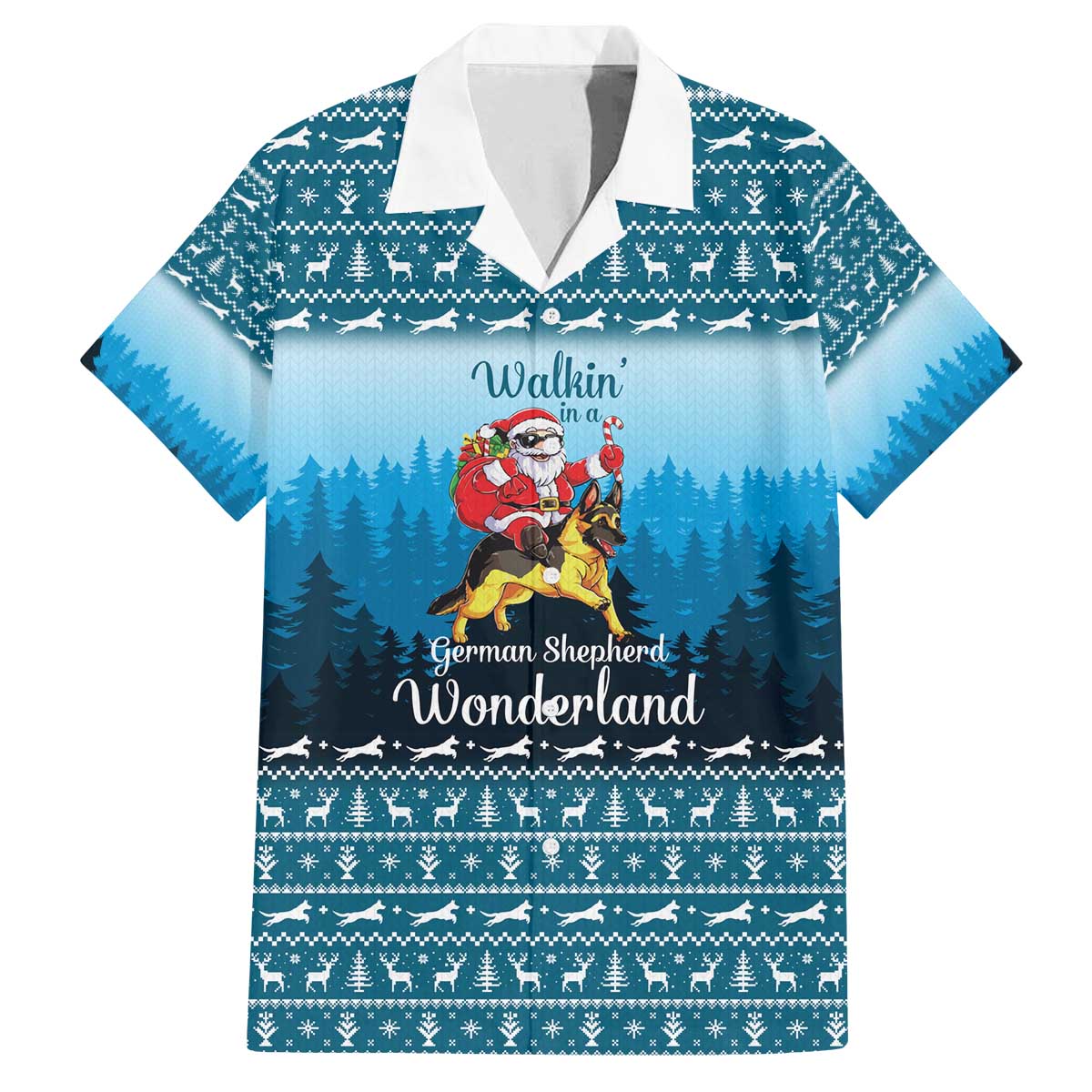 German Shepherd Christmas Family Matching Off The Shoulder Long Sleeve Dress and Hawaiian Shirt with Walking in a Wonderland Quote and Santa Forest - Wonder Print Shop