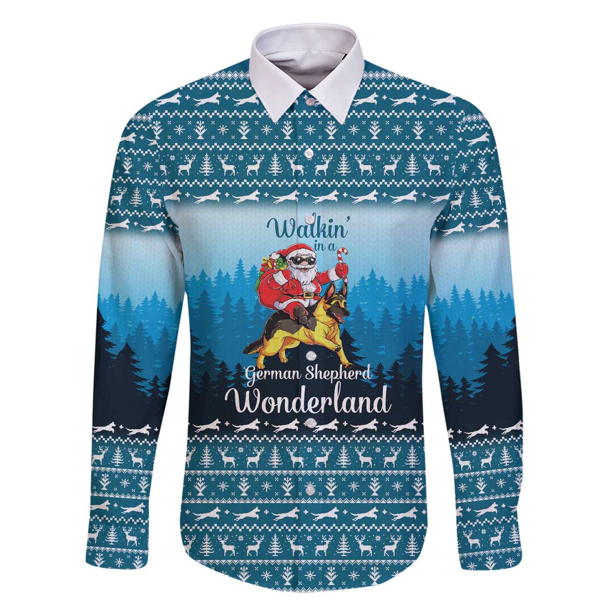 German Shepherd Christmas Family Matching Off The Shoulder Long Sleeve Dress and Hawaiian Shirt with Walking in a Wonderland Quote and Santa Forest - Wonder Print Shop