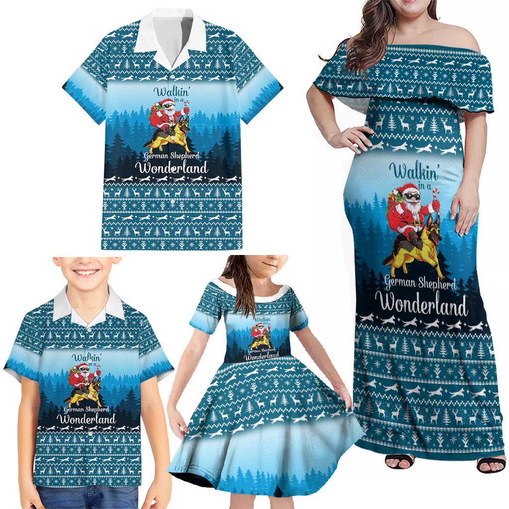 German Shepherd Christmas Family Matching Off Shoulder Maxi Dress and Hawaiian Shirt with Walking in a Wonderland Quote and Santa Forest - Wonder Print Shop