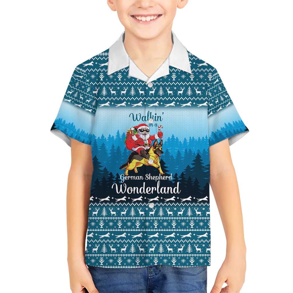 German Shepherd Christmas Family Matching Off Shoulder Maxi Dress and Hawaiian Shirt with Walking in a Wonderland Quote and Santa Forest - Wonder Print Shop