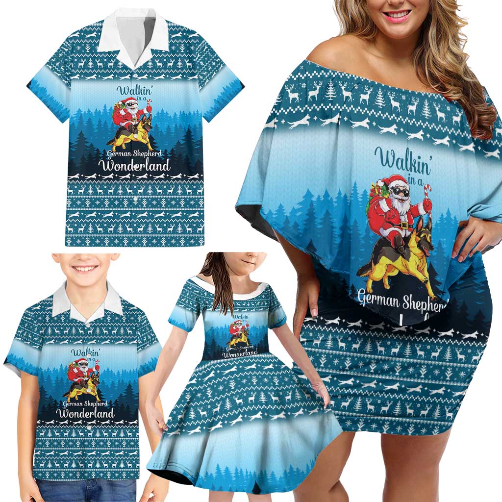 German Shepherd Christmas Family Matching Off Shoulder Short Dress and Hawaiian Shirt with Walking in a Wonderland Quote and Santa Forest - Wonder Print Shop