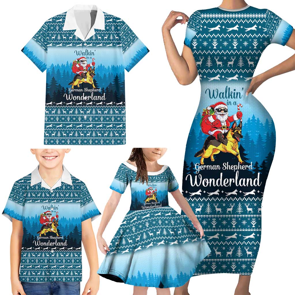 German Shepherd Christmas Family Matching Short Sleeve Bodycon Dress and Hawaiian Shirt with Walking in a Wonderland Quote and Santa Forest - Wonder Print Shop