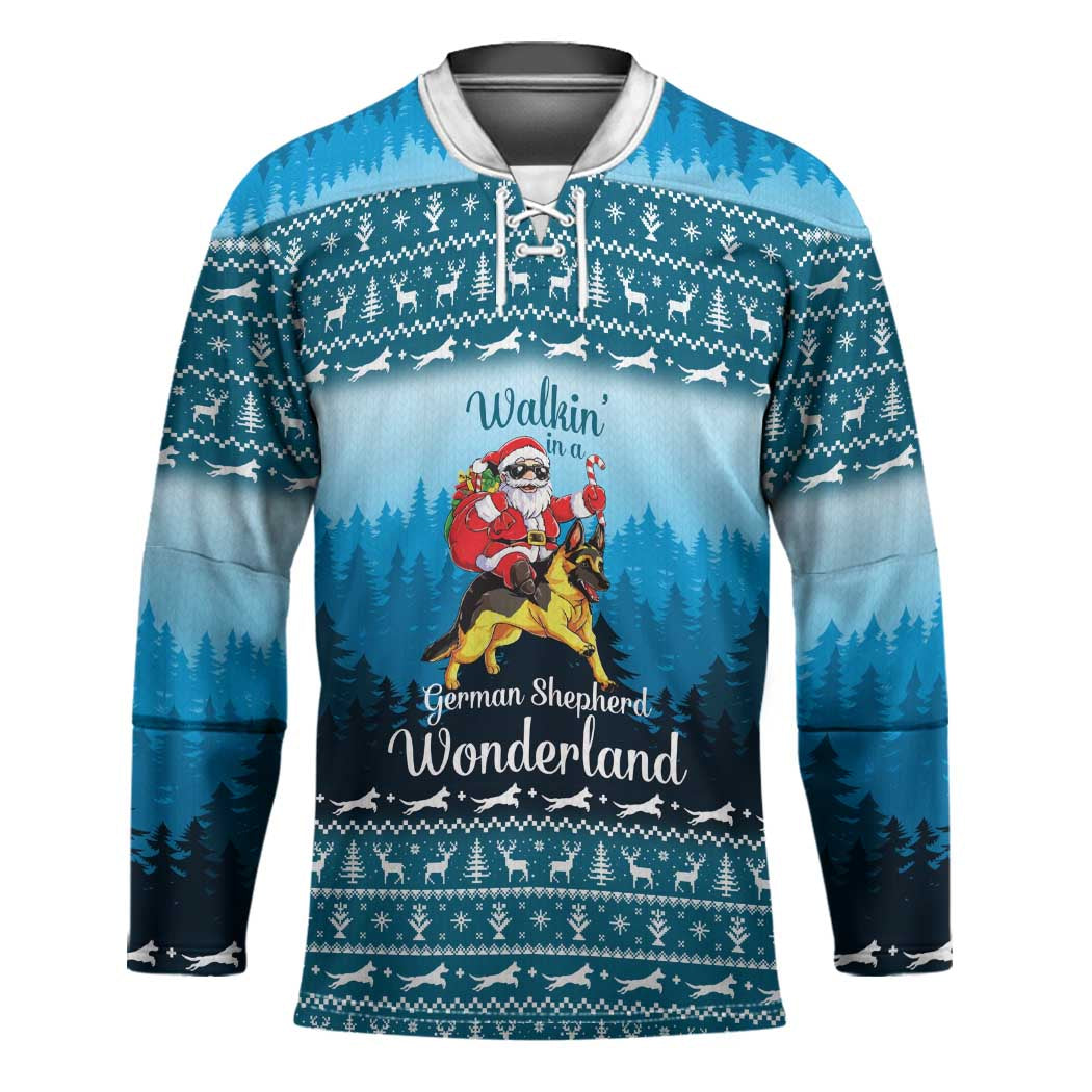 German Shepherd Christmas Hockey Jersey with Walking in a Wonderland Quote and Santa Forest - Wonder Print Shop