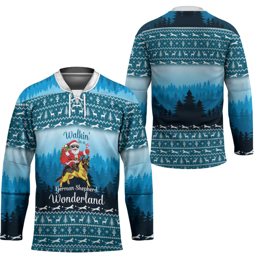 German Shepherd Christmas Hockey Jersey with Walking in a Wonderland Quote and Santa Forest - Wonder Print Shop