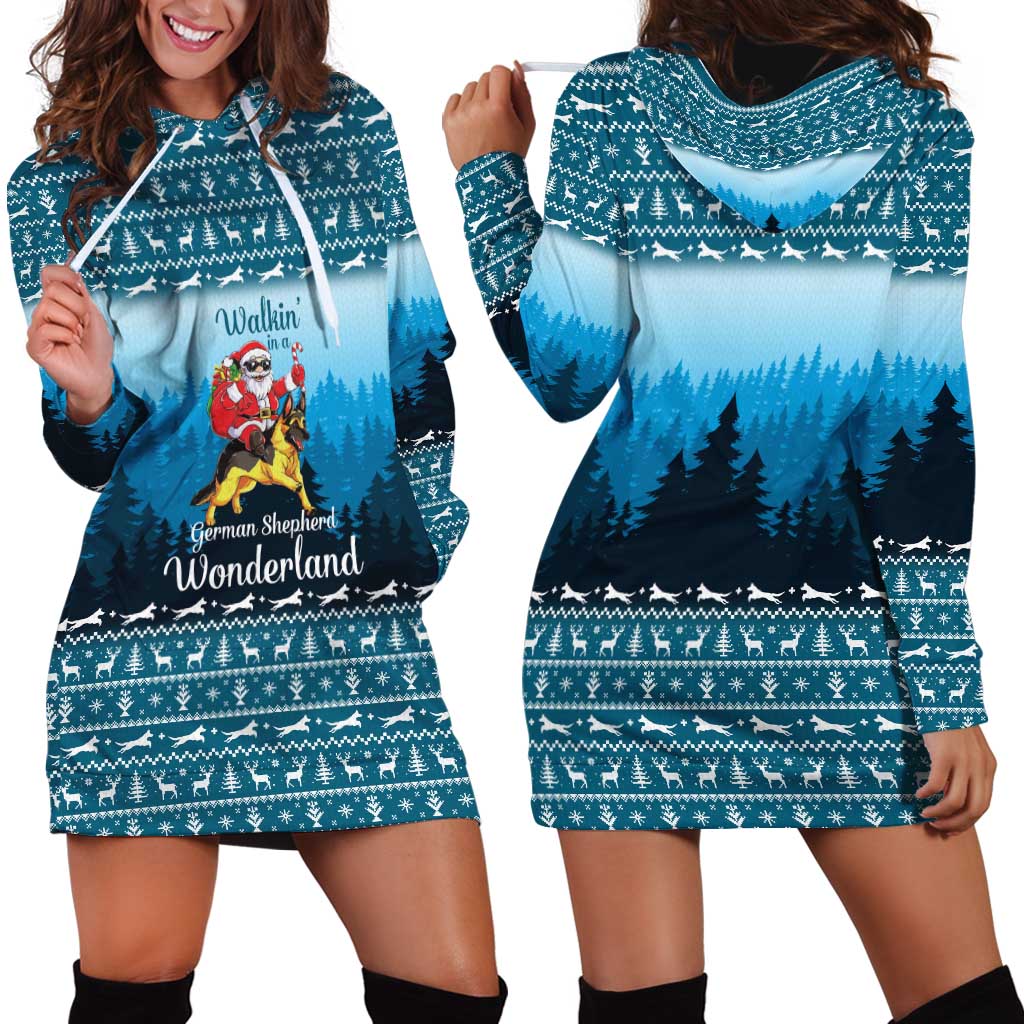 German Shepherd Christmas Hoodie Dress with Walking in a Wonderland Quote and Santa Forest - Wonder Print Shop