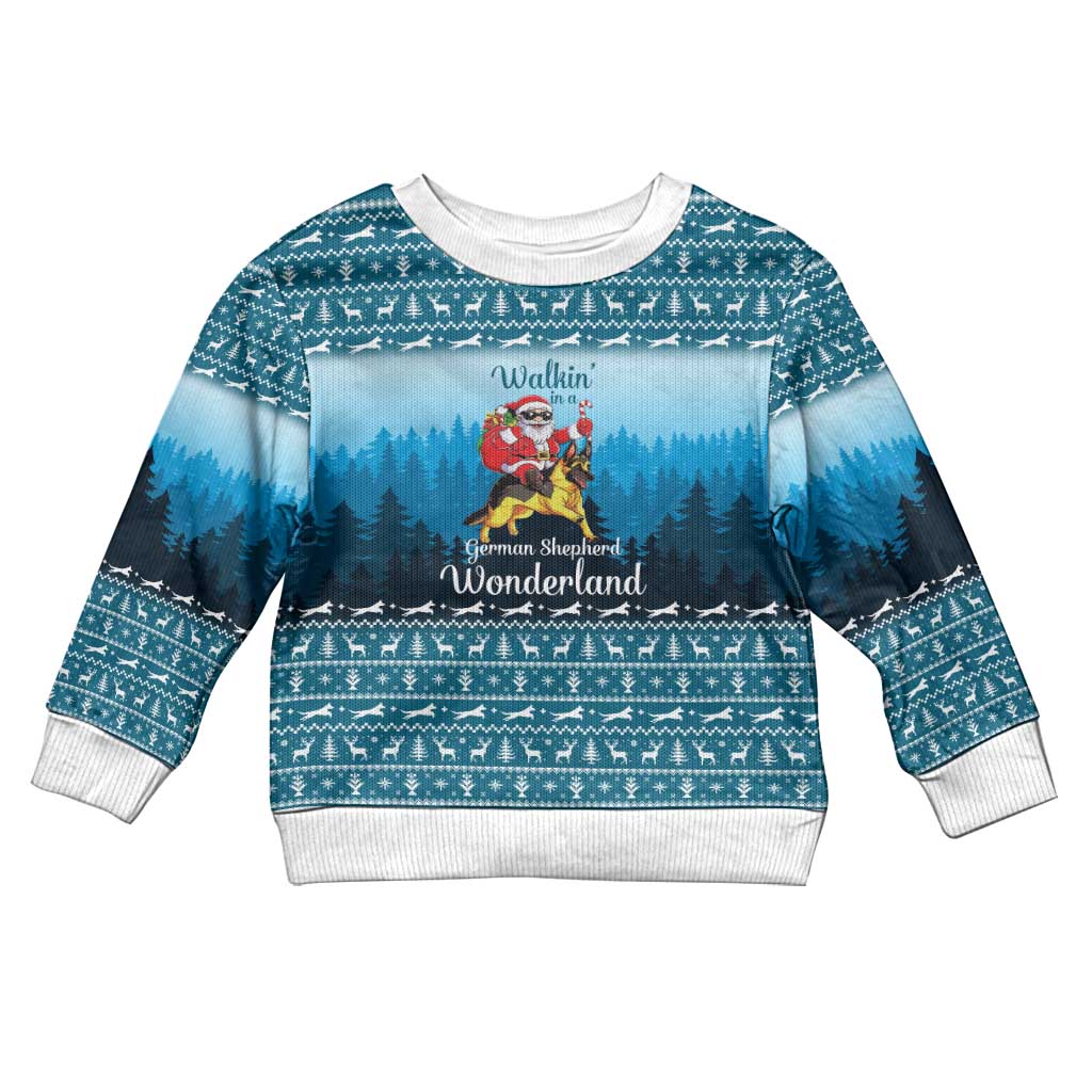 German Shepherd Christmas Kid Ugly Christmas Sweater with Walking in a Wonderland Quote and Santa Forest - Wonder Print Shop