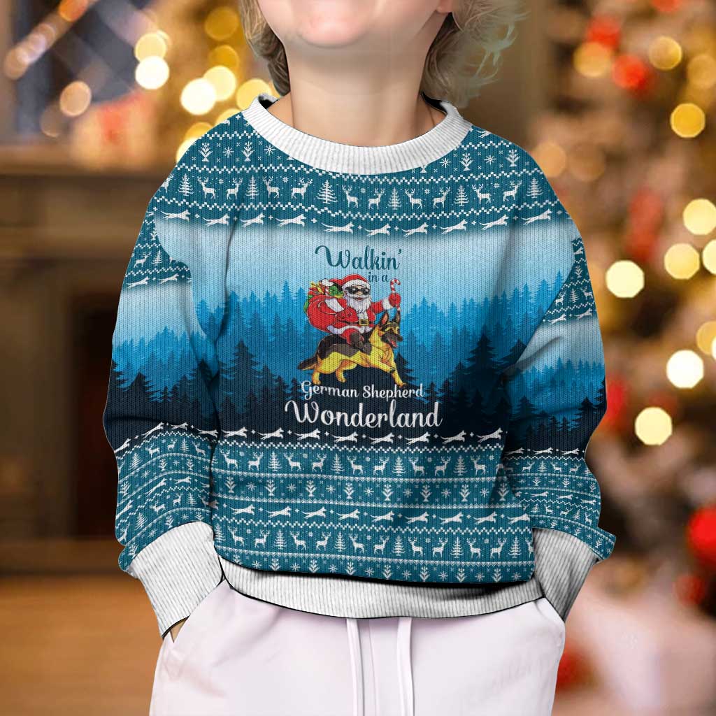 German Shepherd Christmas Kid Ugly Christmas Sweater with Walking in a Wonderland Quote and Santa Forest - Wonder Print Shop