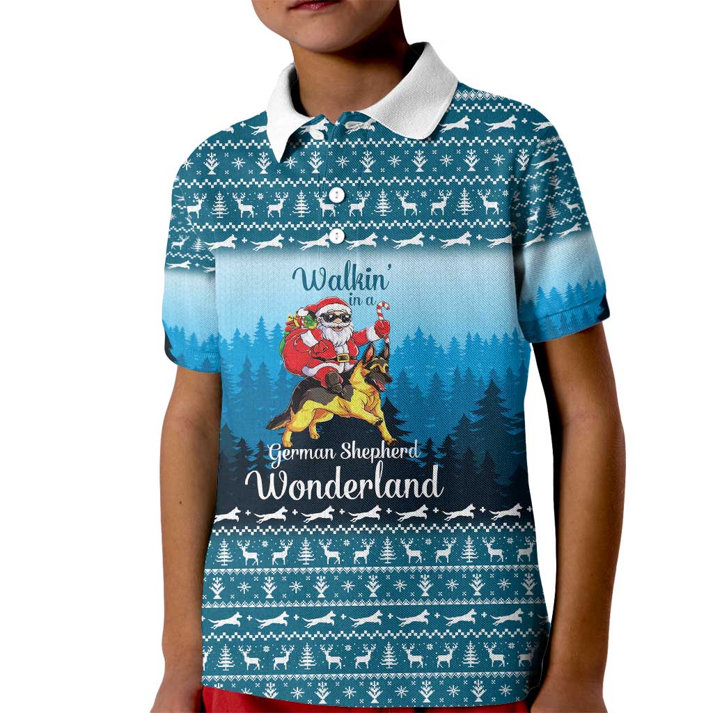 German Shepherd Christmas Kid Polo Shirt with Walking in a Wonderland Quote and Santa Forest - Wonder Print Shop