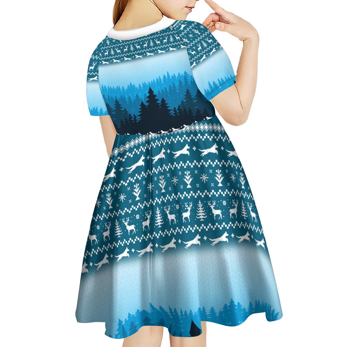 German Shepherd Christmas Kid Short Sleeve Dress with Walking in a Wonderland Quote and Santa Forest - Wonder Print Shop