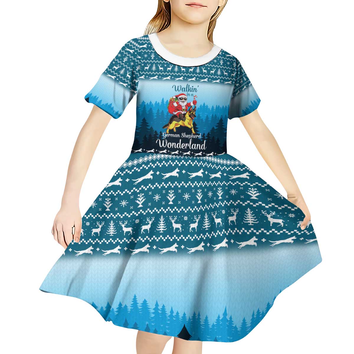 German Shepherd Christmas Kid Short Sleeve Dress with Walking in a Wonderland Quote and Santa Forest - Wonder Print Shop