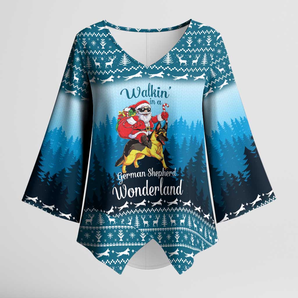 German Shepherd Christmas Kimono Sleeve Blouse with Walking in a Wonderland Quote and Santa Forest - Wonder Print Shop