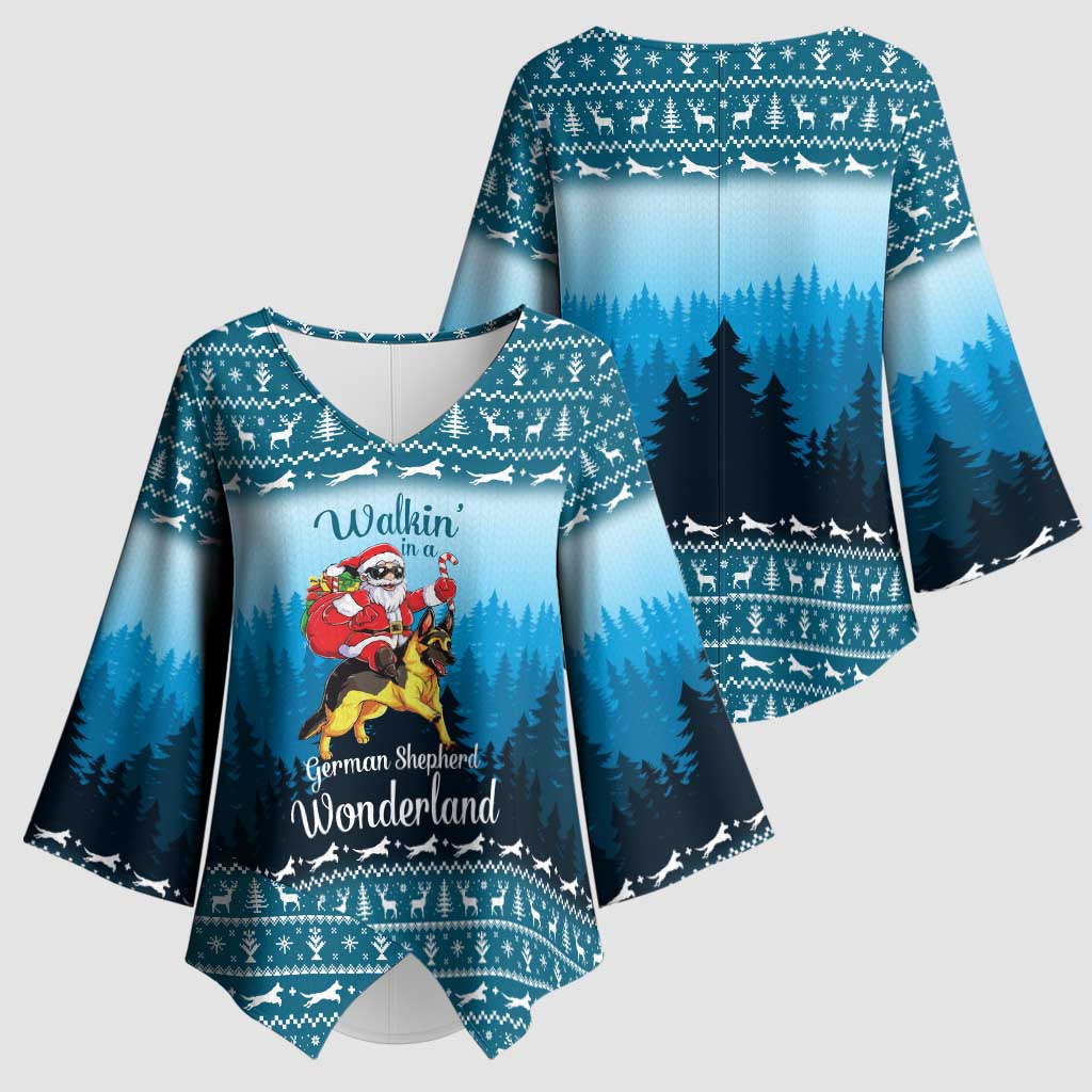 German Shepherd Christmas Kimono Sleeve Blouse with Walking in a Wonderland Quote and Santa Forest - Wonder Print Shop