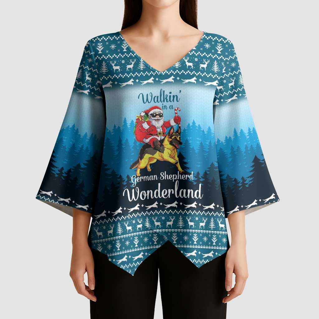 German Shepherd Christmas Kimono Sleeve Blouse with Walking in a Wonderland Quote and Santa Forest - Wonder Print Shop