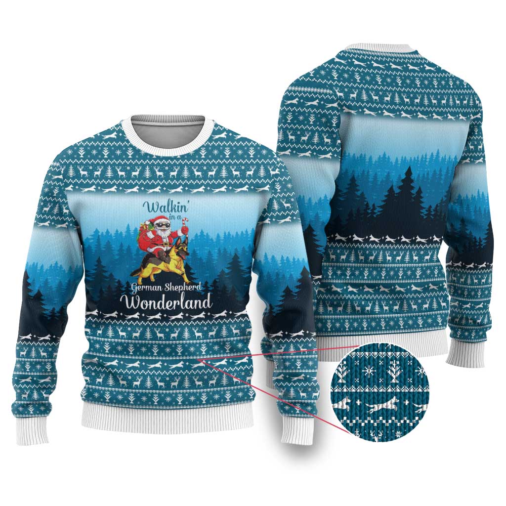 German Shepherd Christmas Ugly Christmas Sweater with Walking in a Wonderland Quote and Santa Forest - Wonder Print Shop