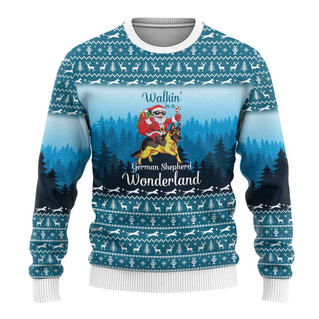 German Shepherd Christmas Ugly Christmas Sweater with Walking in a Wonderland Quote and Santa Forest - Wonder Print Shop