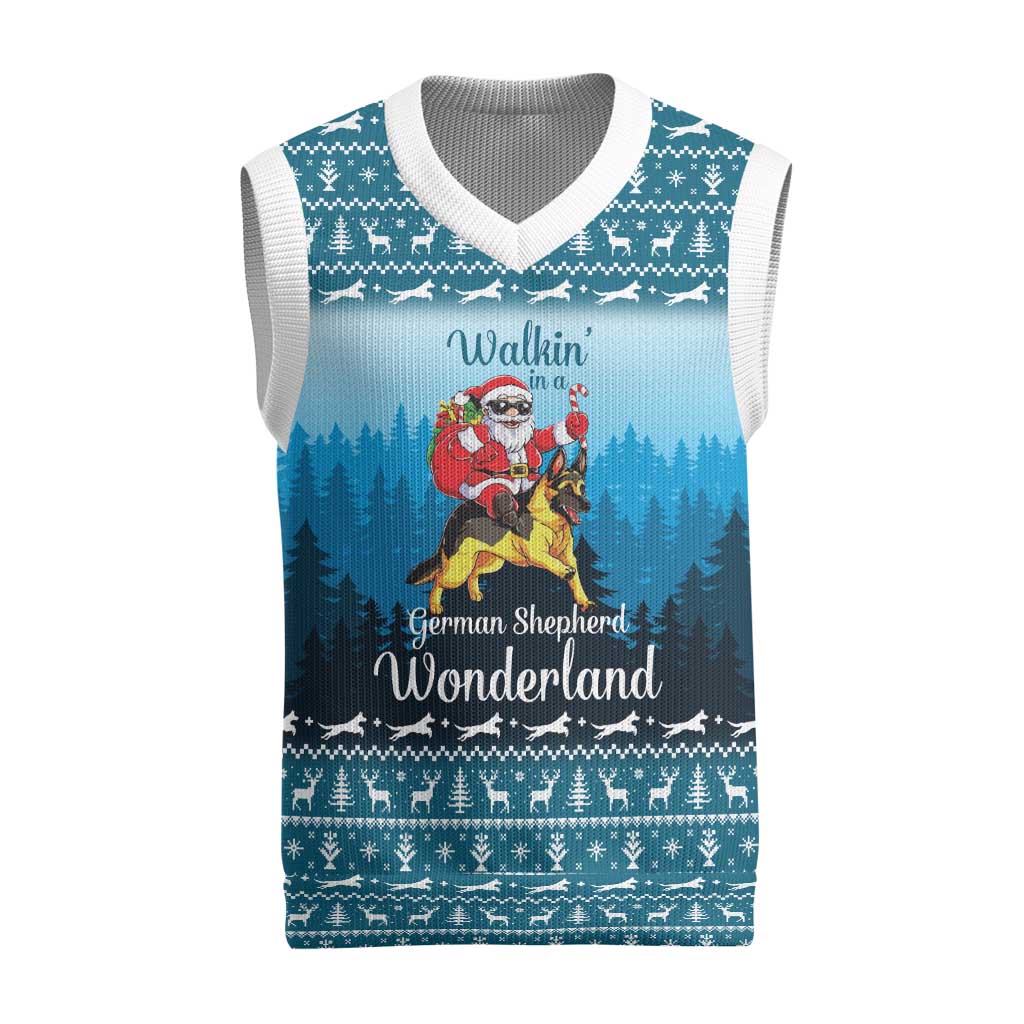 German Shepherd Christmas Knitted V-Neck Vest with Walking in a Wonderland Quote and Santa Forest - Wonder Print Shop
