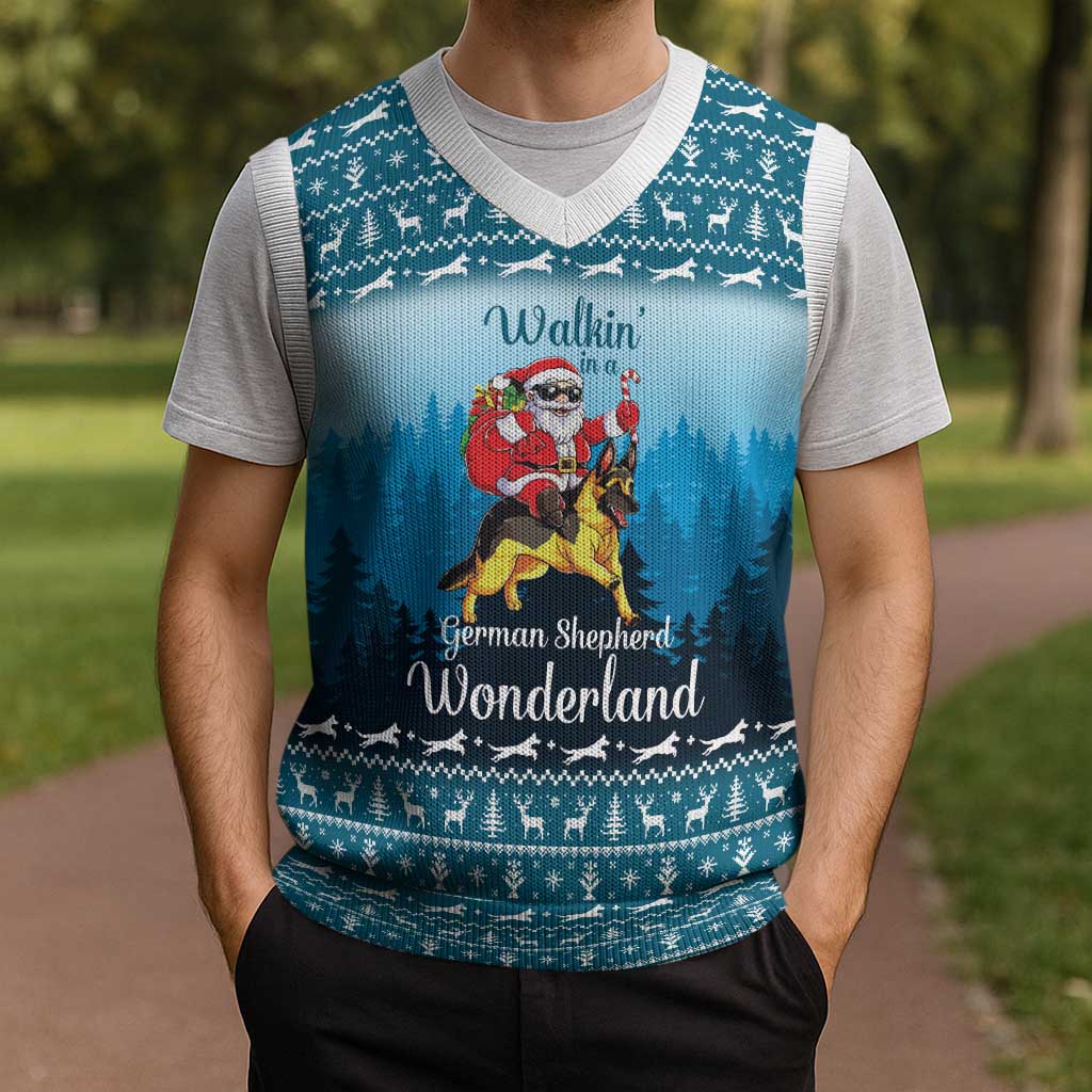 German Shepherd Christmas Knitted V-Neck Vest with Walking in a Wonderland Quote and Santa Forest - Wonder Print Shop