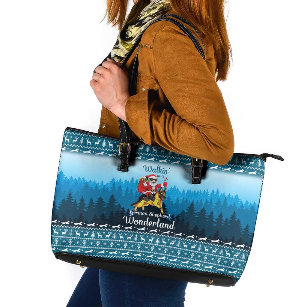 German Shepherd Christmas Leather Tote Bag with Walking in a Wonderland Quote and Santa Forest - Wonder Print Shop