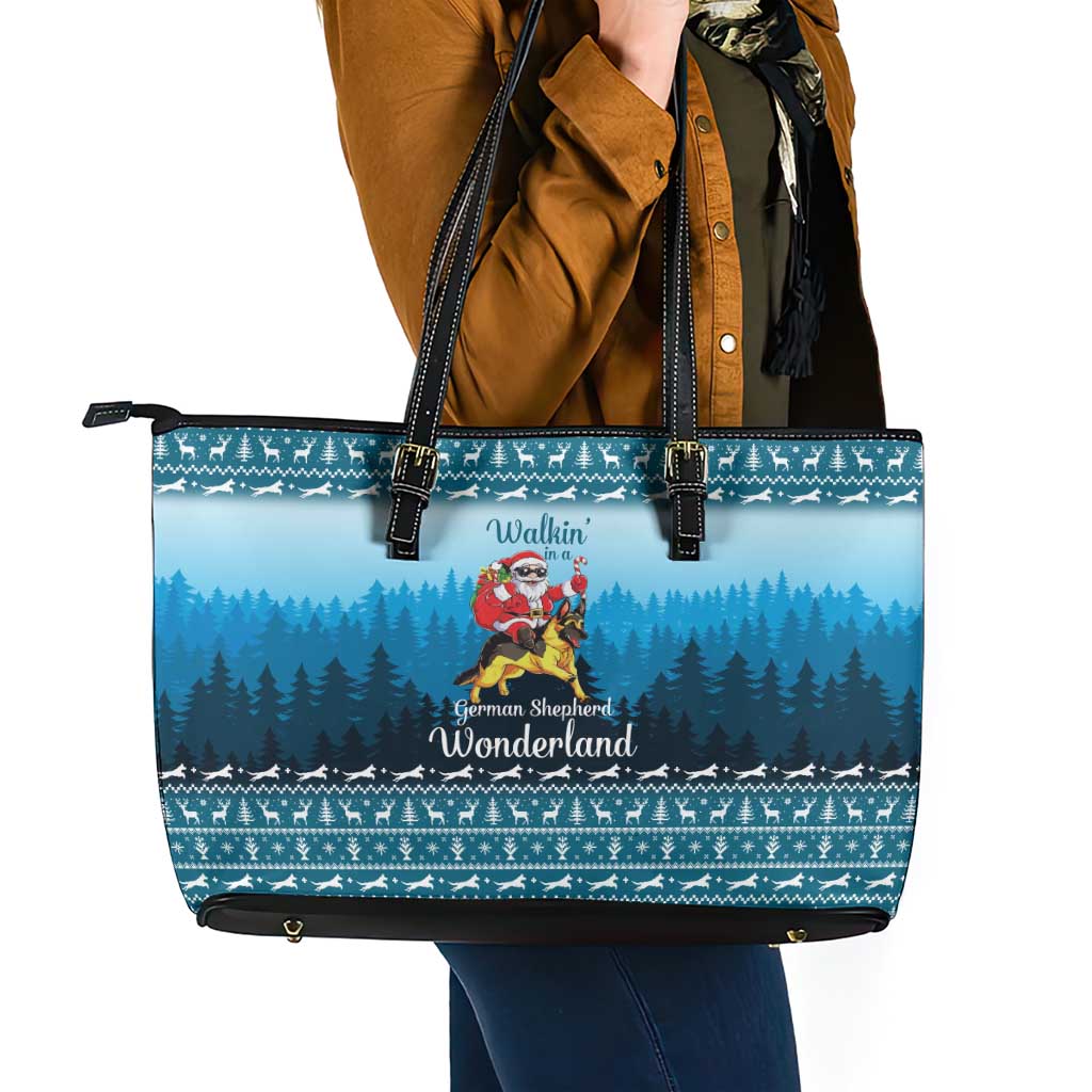 German Shepherd Christmas Leather Tote Bag with Walking in a Wonderland Quote and Santa Forest - Wonder Print Shop
