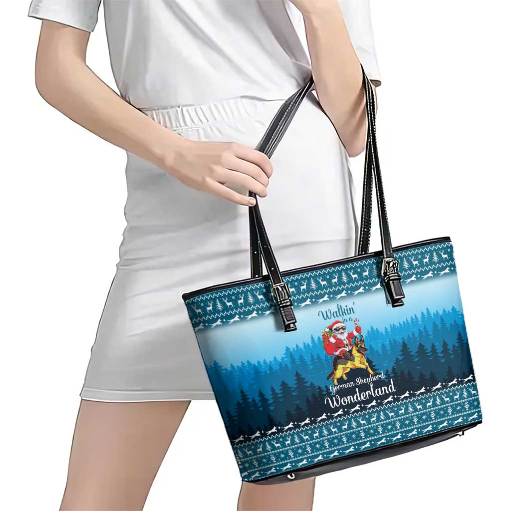 German Shepherd Christmas Leather Tote Bag with Walking in a Wonderland Quote and Santa Forest - Wonder Print Shop