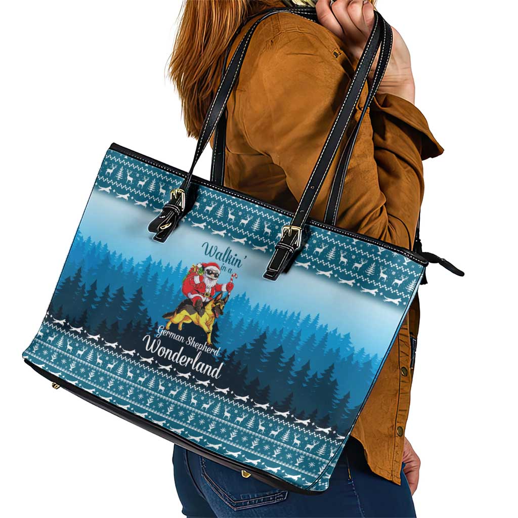 German Shepherd Christmas Leather Tote Bag with Walking in a Wonderland Quote and Santa Forest - Wonder Print Shop
