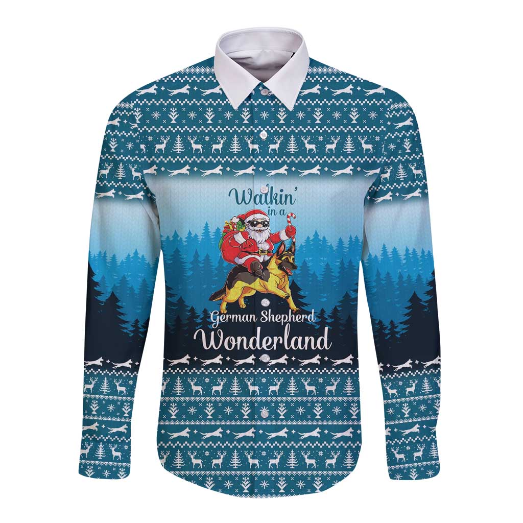 German Shepherd Christmas Long Sleeve Button Shirt with Walking in a Wonderland Quote and Santa Forest - Wonder Print Shop