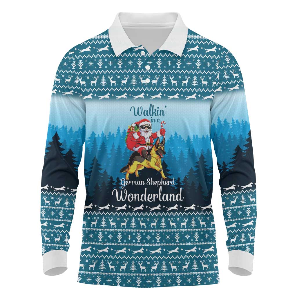 German Shepherd Christmas Long Sleeve Polo Shirt with Walking in a Wonderland Quote and Santa Forest - Wonder Print Shop