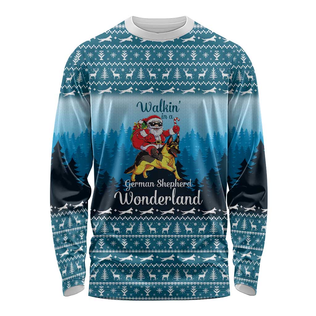 German Shepherd Christmas Long Sleeve Shirt with Walking in a Wonderland Quote and Santa Forest - Wonder Print Shop