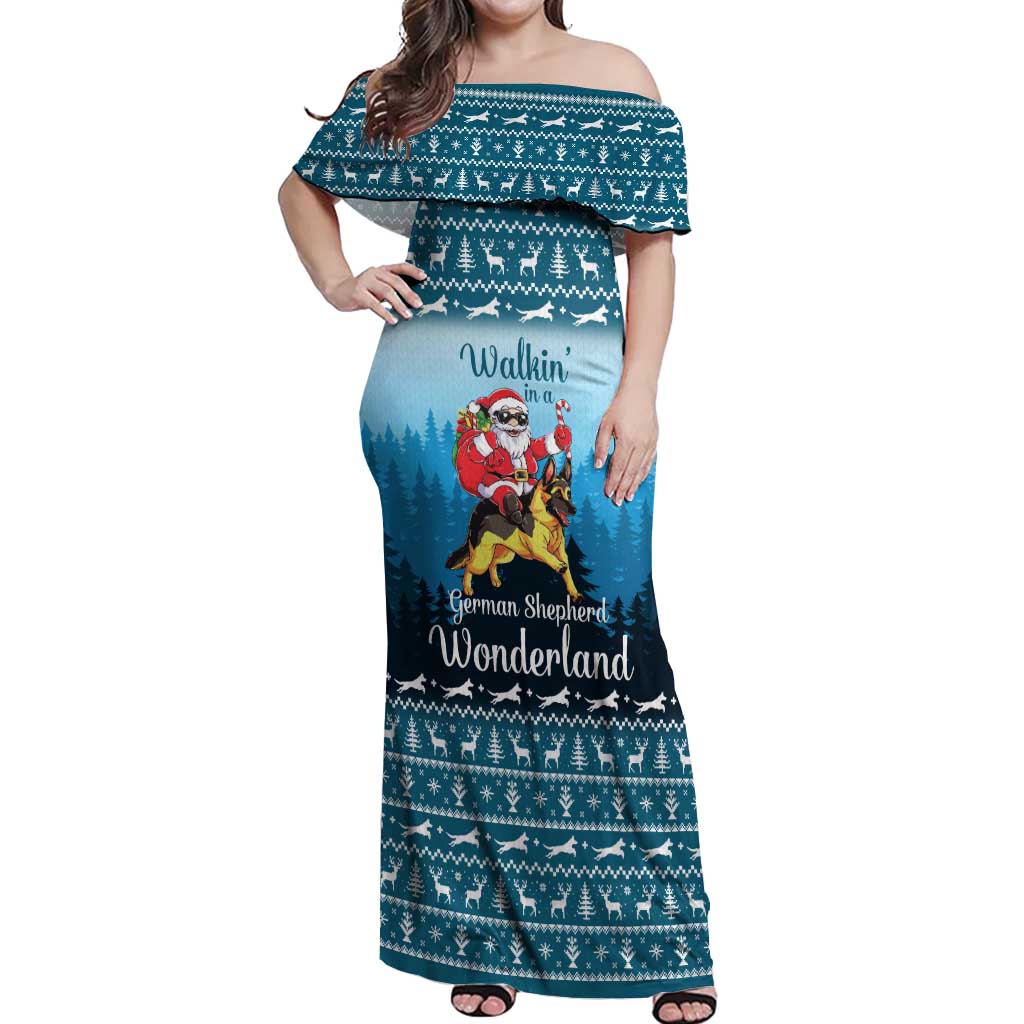 German Shepherd Christmas Off Shoulder Maxi Dress with Walking in a Wonderland Quote and Santa Forest - Wonder Print Shop