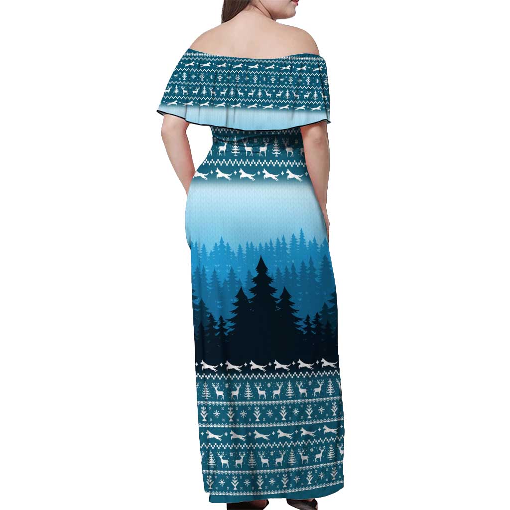 German Shepherd Christmas Off Shoulder Maxi Dress with Walking in a Wonderland Quote and Santa Forest - Wonder Print Shop