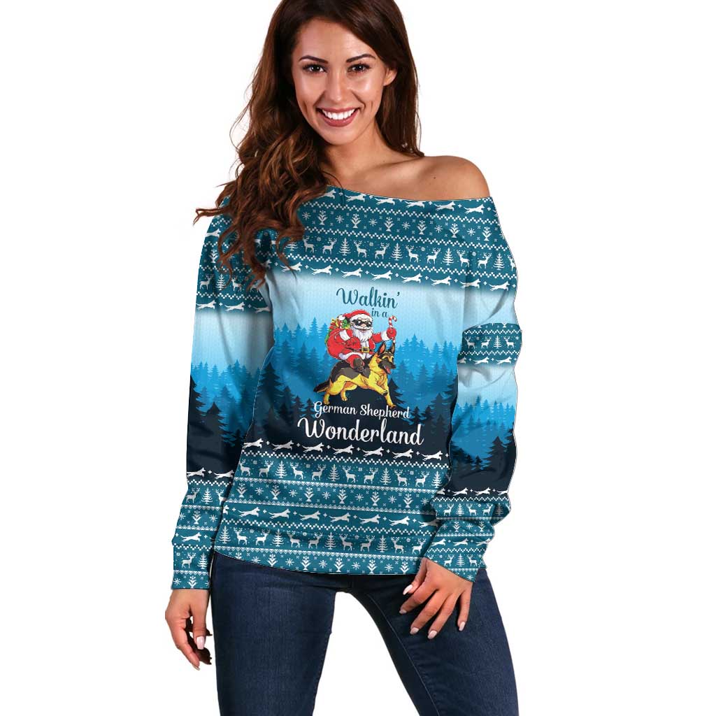 German Shepherd Christmas Off Shoulder Sweater with Walking in a Wonderland Quote and Santa Forest - Wonder Print Shop