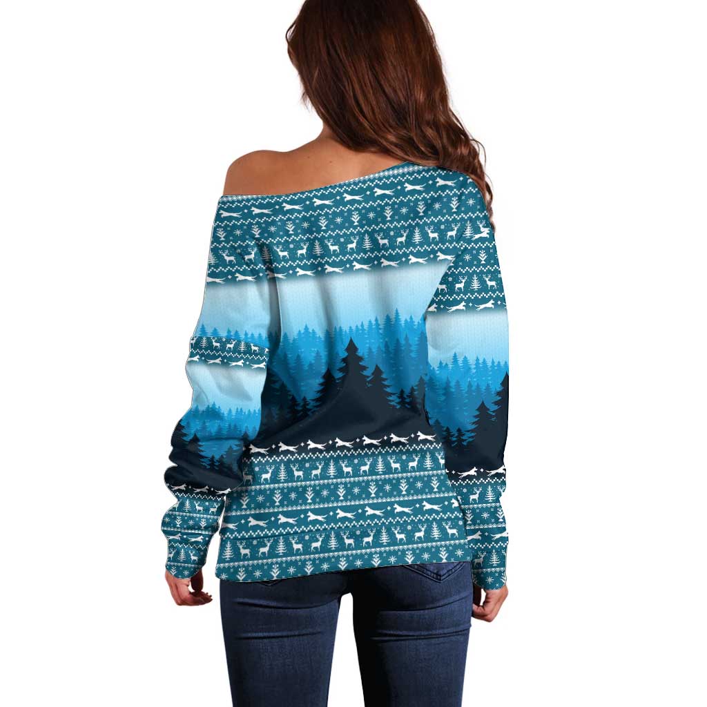 German Shepherd Christmas Off Shoulder Sweater with Walking in a Wonderland Quote and Santa Forest - Wonder Print Shop