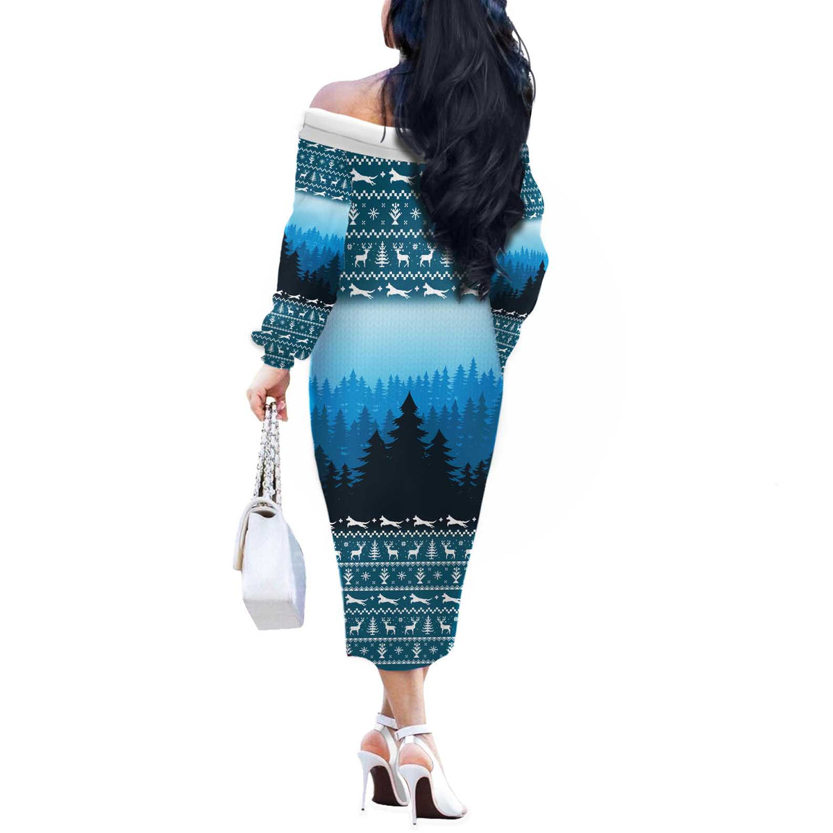 German Shepherd Christmas Off The Shoulder Long Sleeve Dress with Walking in a Wonderland Quote and Santa Forest - Wonder Print Shop