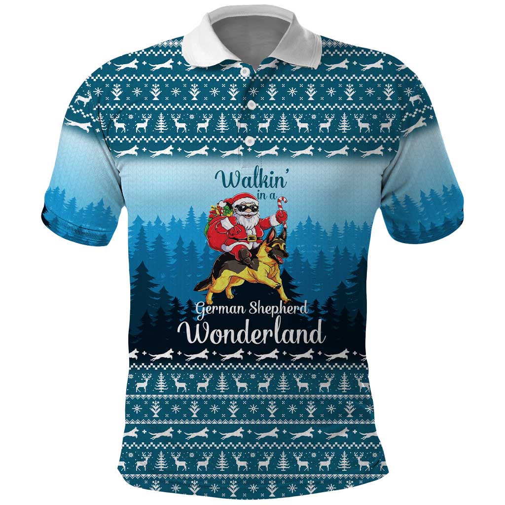 German Shepherd Christmas Polo Shirt with Walking in a Wonderland Quote and Santa Forest - Wonder Print Shop