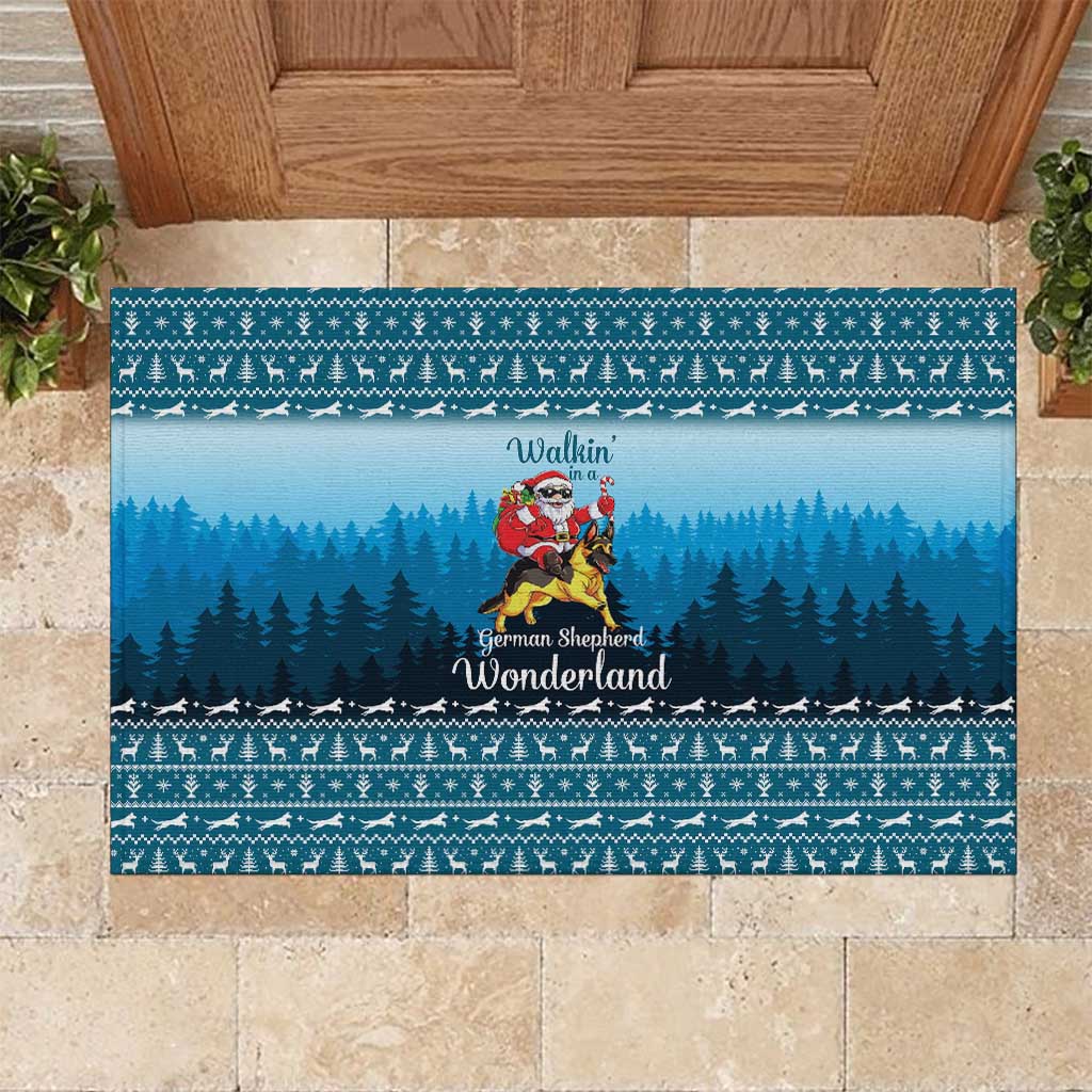 German Shepherd Christmas Rubber Doormat with Walking in a Wonderland Quote and Santa Forest - Wonder Print Shop