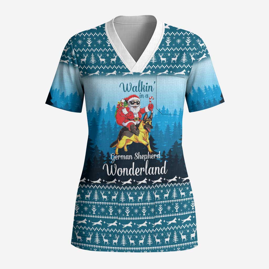 German Shepherd Christmas Scrub Top with Walking in a Wonderland Quote and Santa Forest - Wonder Print Shop