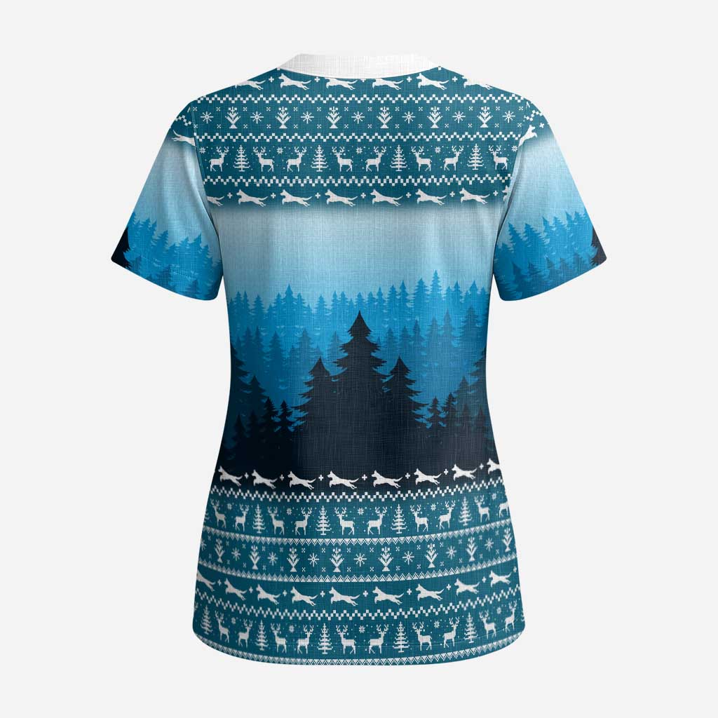 German Shepherd Christmas Scrub Top with Walking in a Wonderland Quote and Santa Forest - Wonder Print Shop