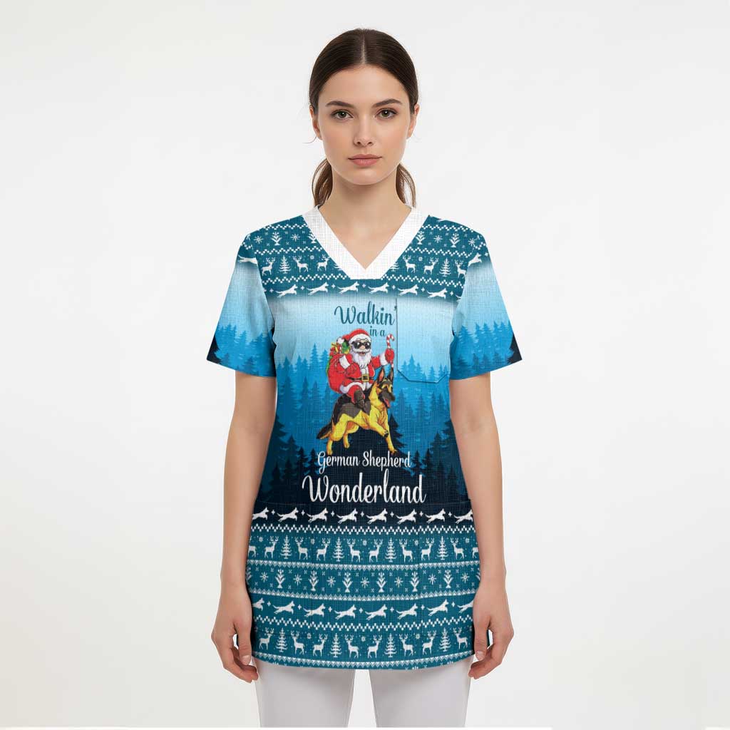 German Shepherd Christmas Scrub Top with Walking in a Wonderland Quote and Santa Forest - Wonder Print Shop