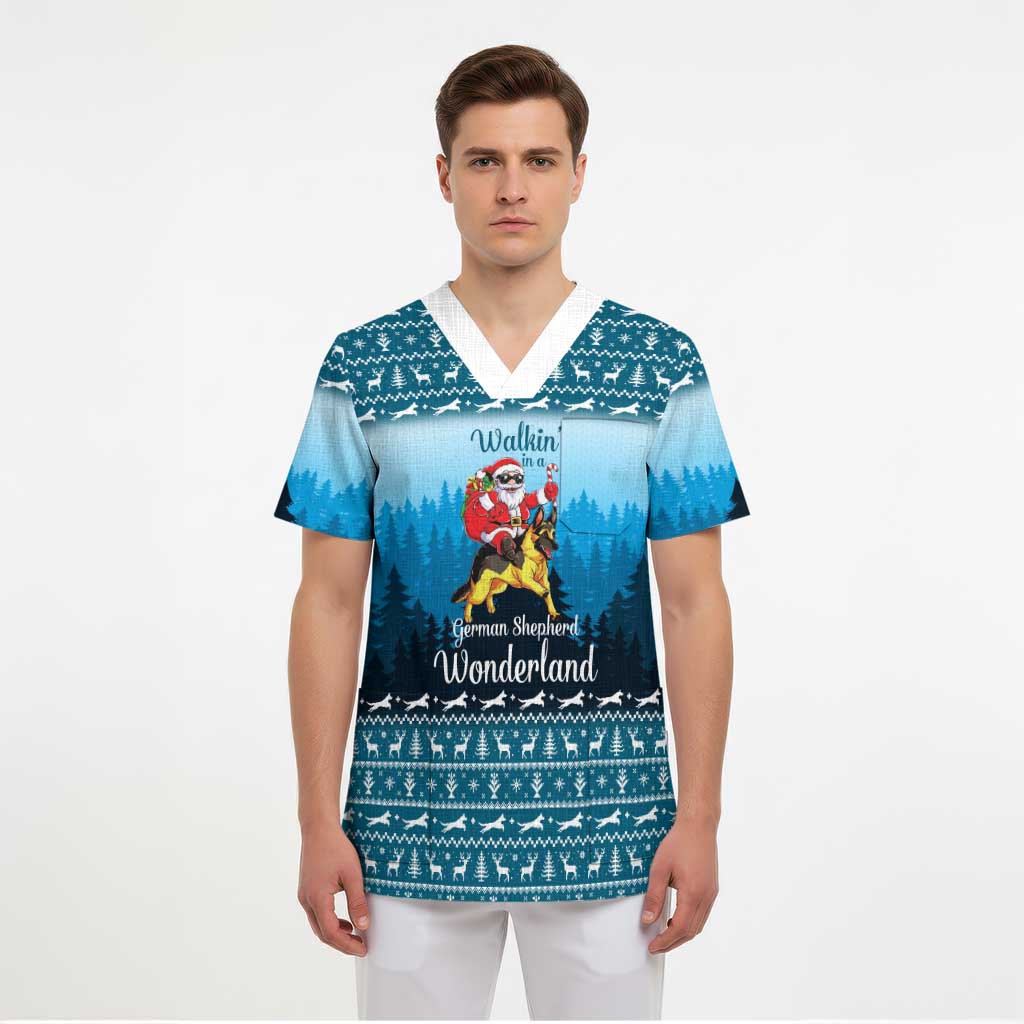 German Shepherd Christmas Scrub Top with Walking in a Wonderland Quote and Santa Forest - Wonder Print Shop