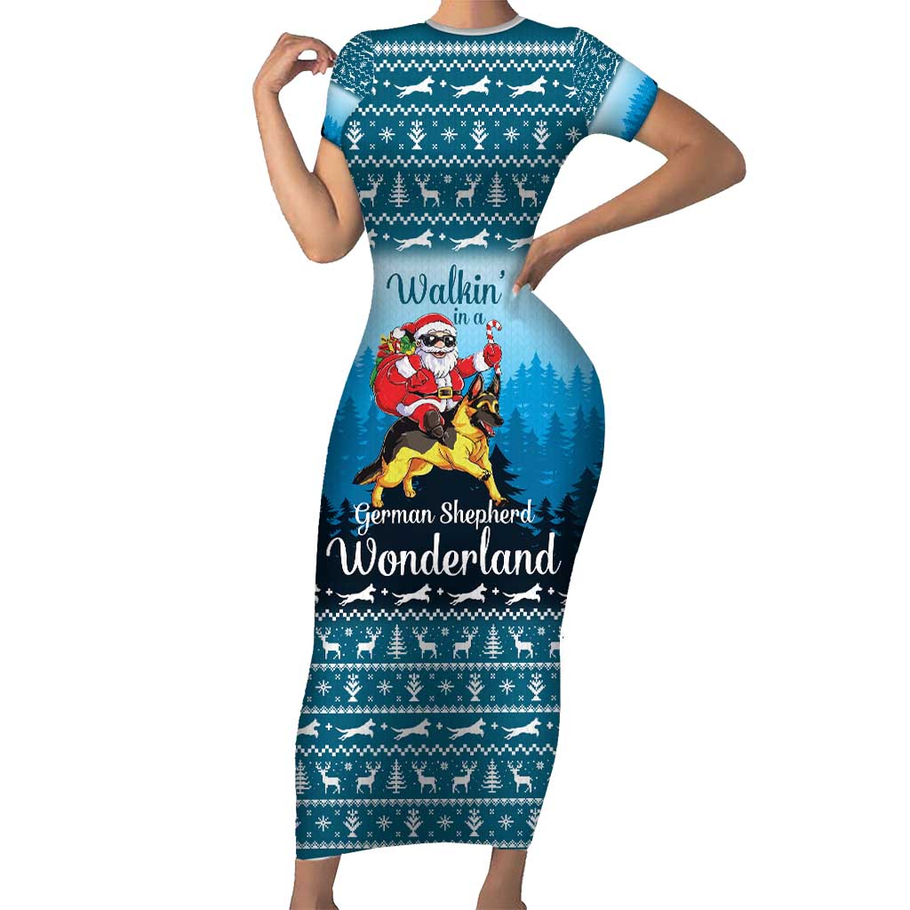 German Shepherd Christmas Short Sleeve Bodycon Dress with Walking in a Wonderland Quote and Santa Forest - Wonder Print Shop