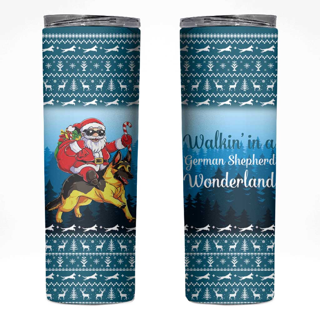 German Shepherd Christmas Skinny Tumbler with Walking in a Wonderland Quote and Santa Forest - Wonder Print Shop