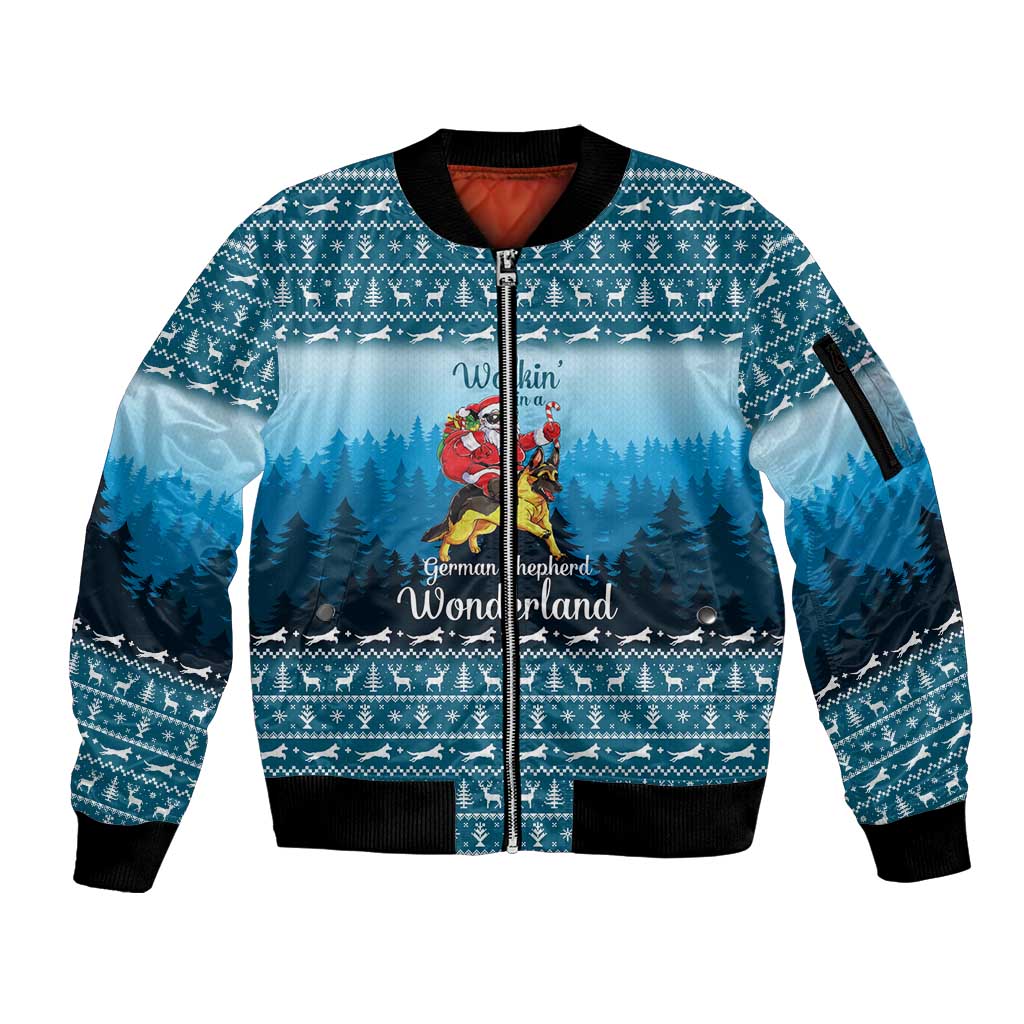 German Shepherd Christmas Sleeve Zip Bomber Jacket with Walking in a Wonderland Quote and Santa Forest - Wonder Print Shop