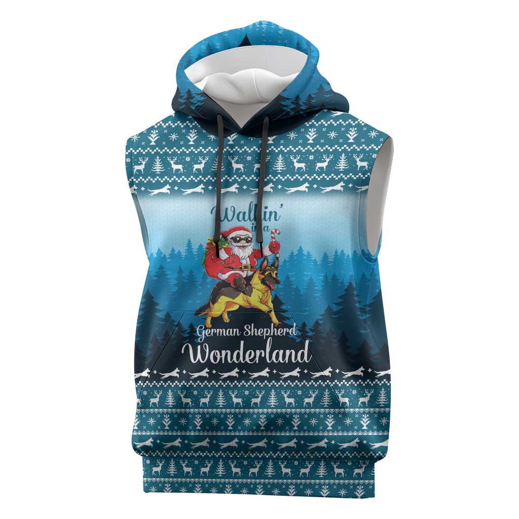 German Shepherd Christmas Sleeveless Hoodie with Walking in a Wonderland Quote and Santa Forest - Wonder Print Shop