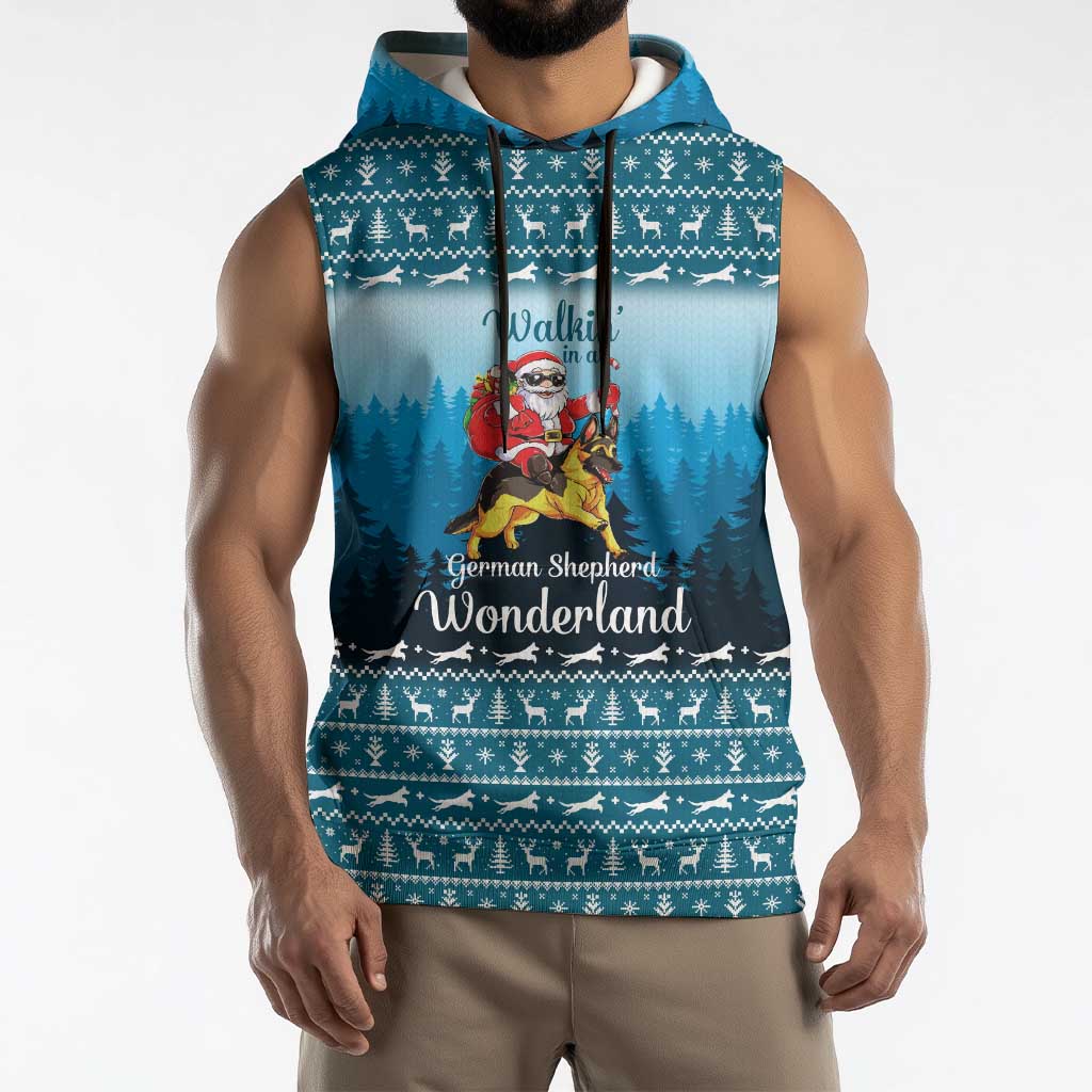 German Shepherd Christmas Sleeveless Hoodie with Walking in a Wonderland Quote and Santa Forest - Wonder Print Shop