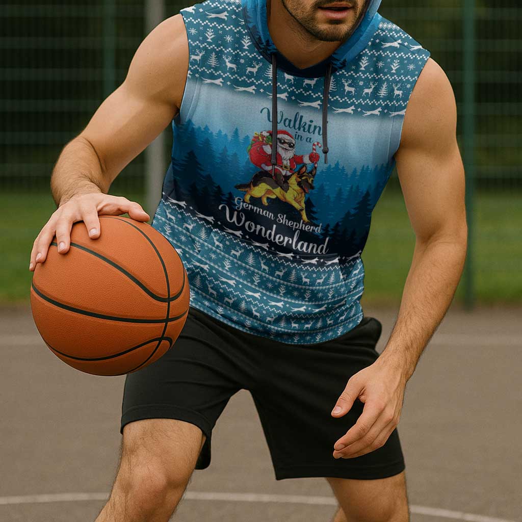 German Shepherd Christmas Sleeveless Hoodie with Walking in a Wonderland Quote and Santa Forest - Wonder Print Shop