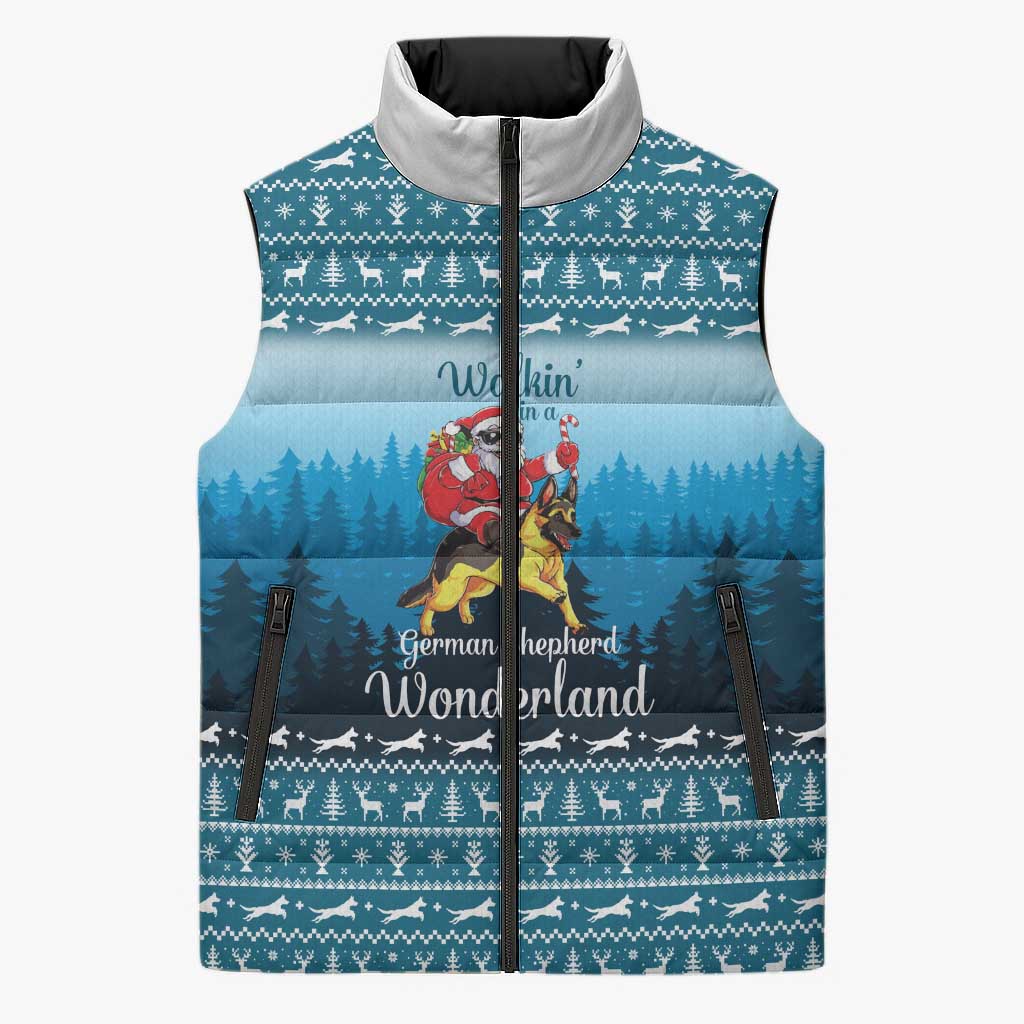 German Shepherd Christmas Sleeveless Puffer Jacket with Walking in a Wonderland Quote and Santa Forest - Wonder Print Shop