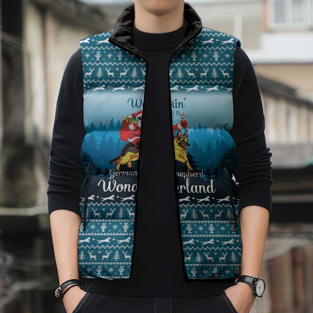 German Shepherd Christmas Sleeveless Puffer Jacket with Walking in a Wonderland Quote and Santa Forest - Wonder Print Shop